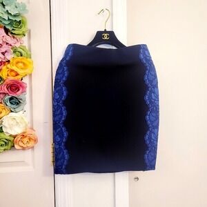 CLUB MONACO Women Blue Black Mini Pencil Skirt SMALL Floral Lace Stretch 28x21